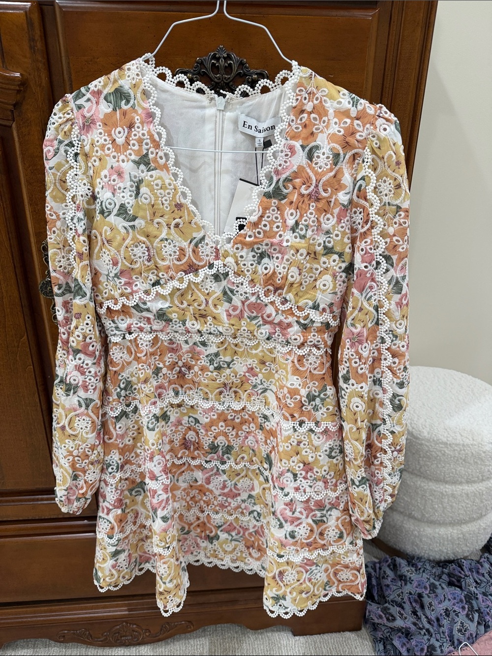 En Saison Peach Multi Floral Lace-Trim Tunic Top